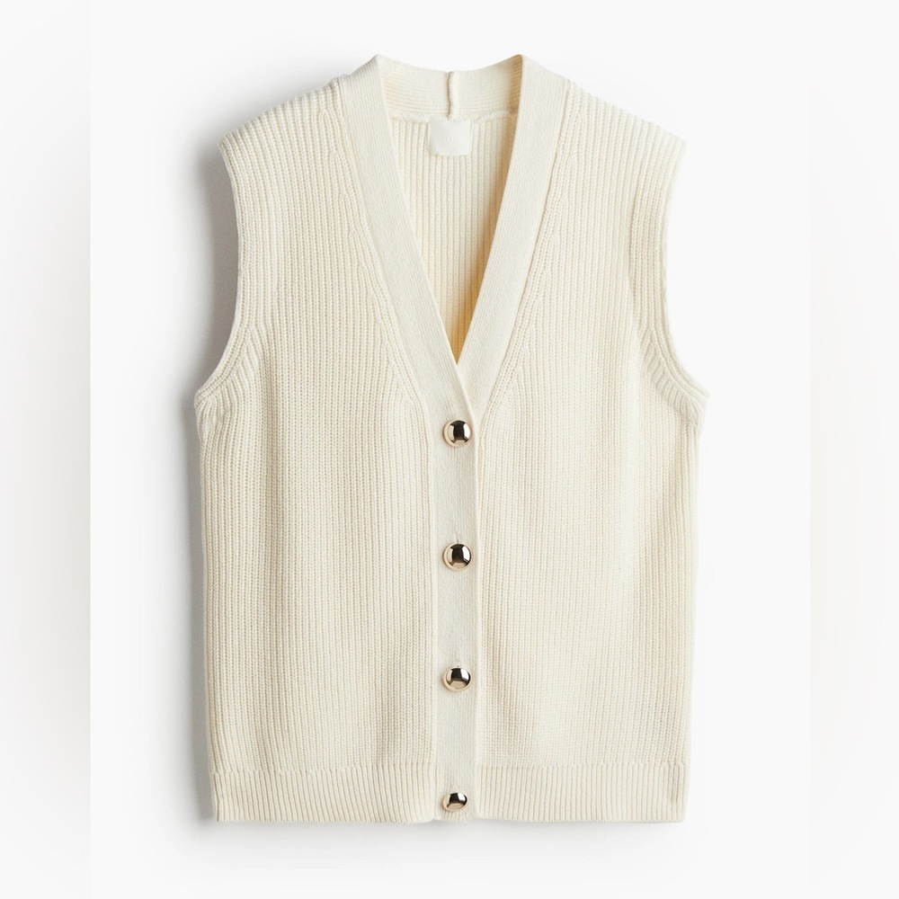 H&M sweater vest ribbed knit cream metal buttons gold sleeveless top
